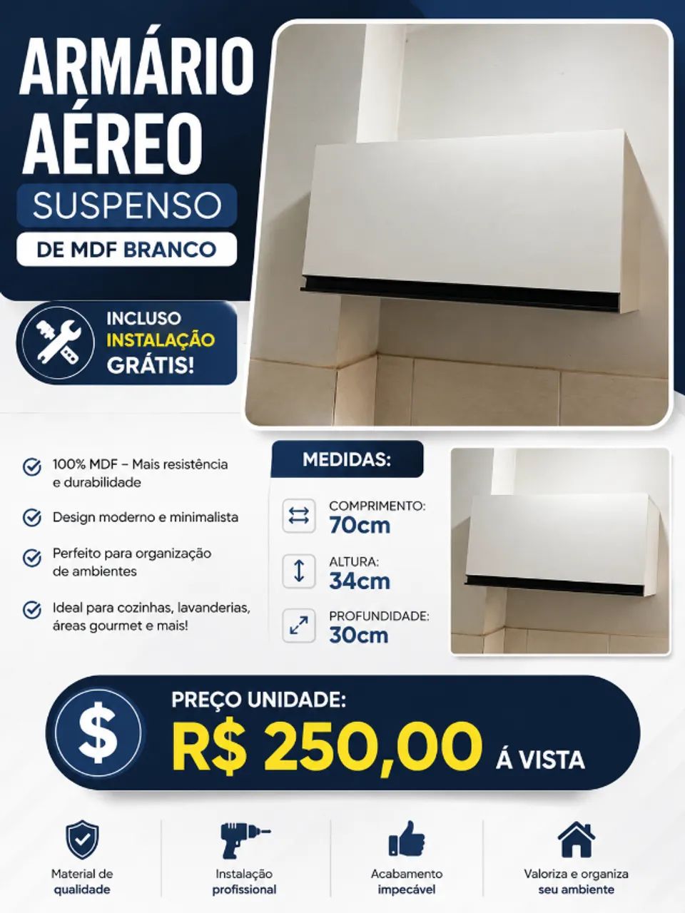 Armário Aéreo Suspenso MDF Branco + Instalação Grátis