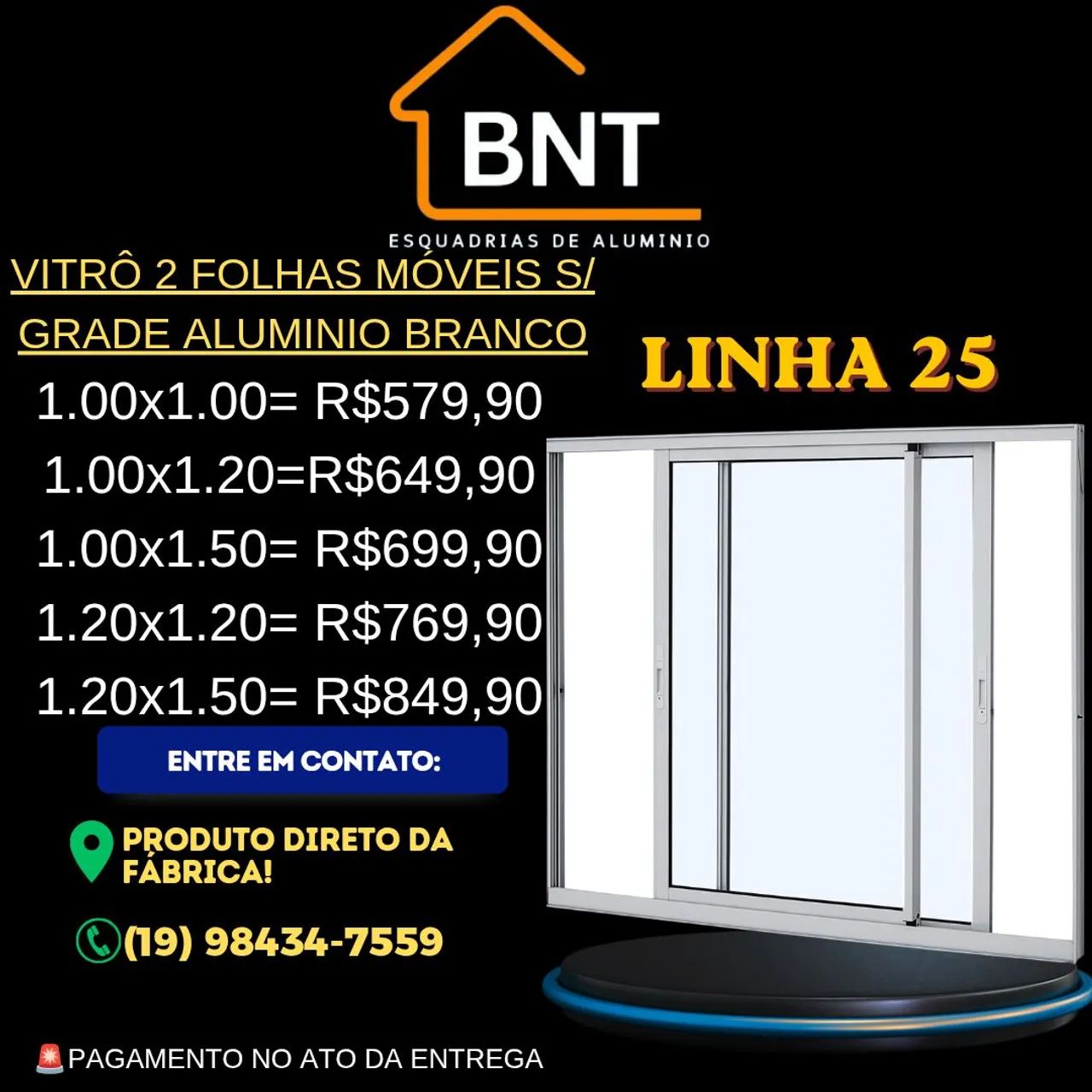 VITRÔ 2 FOLHAS MÓVEIS ALUMÍNIO BRANCO 1.00X1.20 (Linha 25)