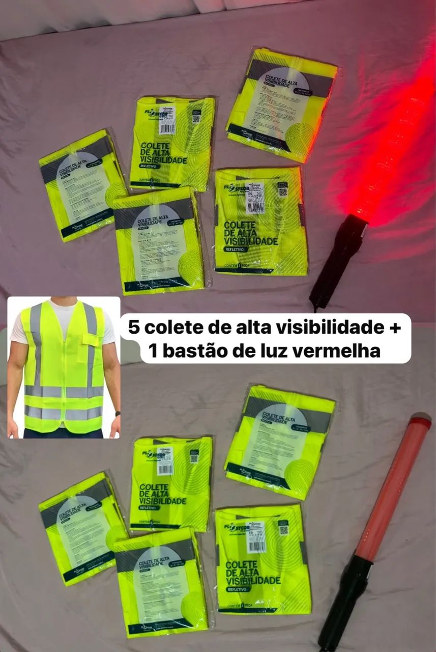 colete de alta visibilidade e bastão de luz vermelha 