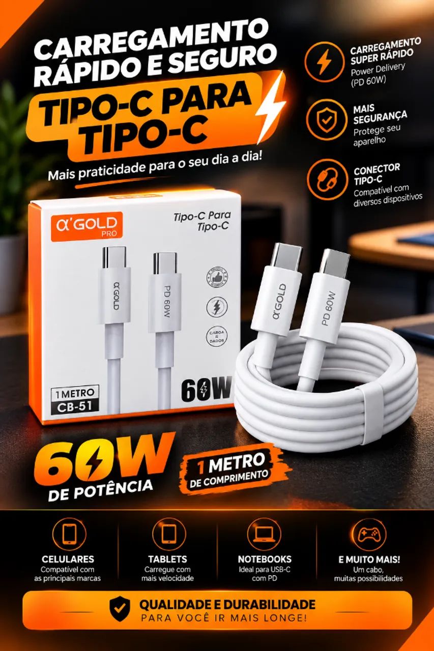 CABO AGOLD - TIPO-C PARA TIPO-C - 60W 1 METRO - Foto 3