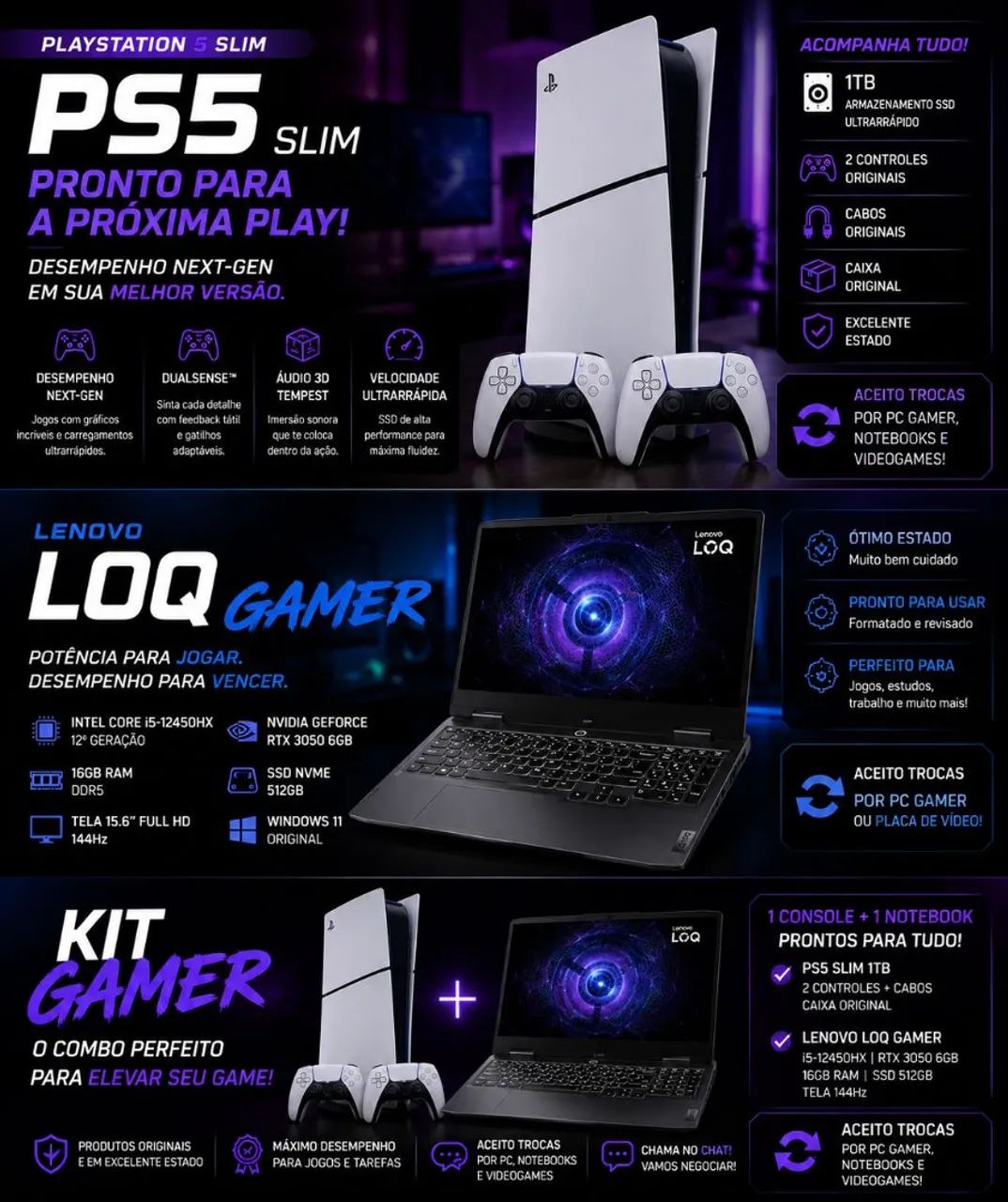 KIT GAMER COMPLETO | Lenovo LOQ RTX 3050 + PS5 Slim 1TB + 2 Controles