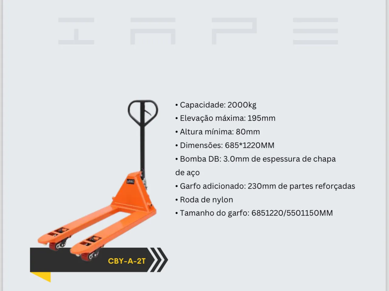 Paleteira / Carrinho manual 2 Toneladas roda dupla