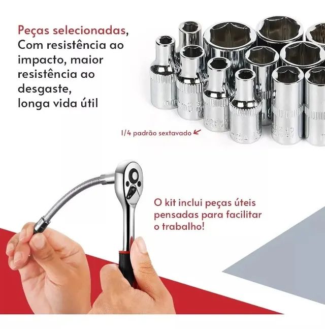 Jogo De Soquete Aço Crv 1/4 Catraca Chave Allen 46 peças com Maleta - Foto 5