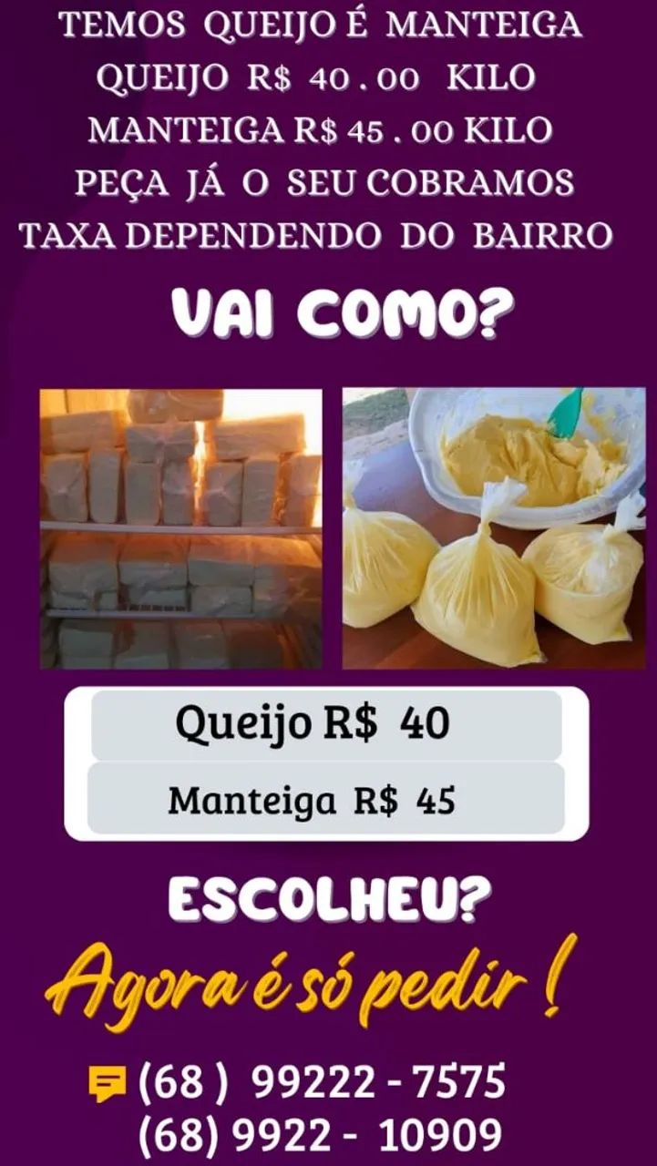 Queijo e Manteiga Frescos - Entrega em Domicílio