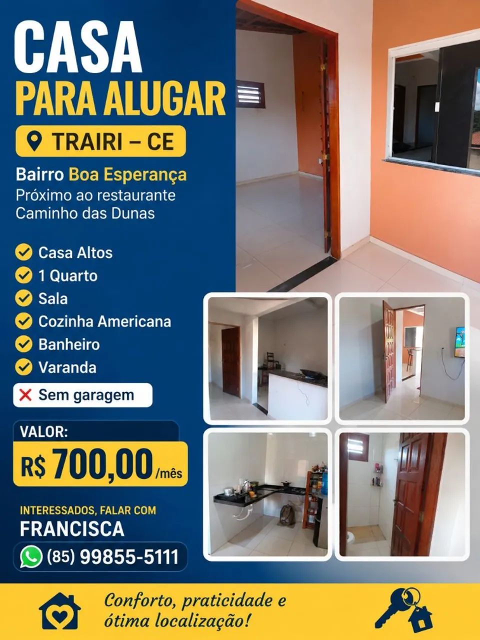 CASA PARA ALUGAR EM TRAIRI - 1 QUARTO - SEM GARAGEM