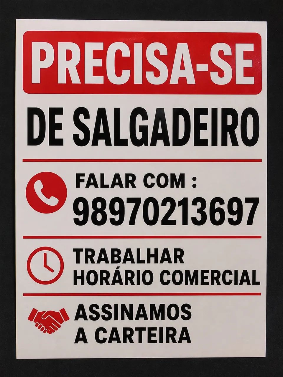 VAGA PARA SALGADEIRO COM EXPERIÊNCIA 
