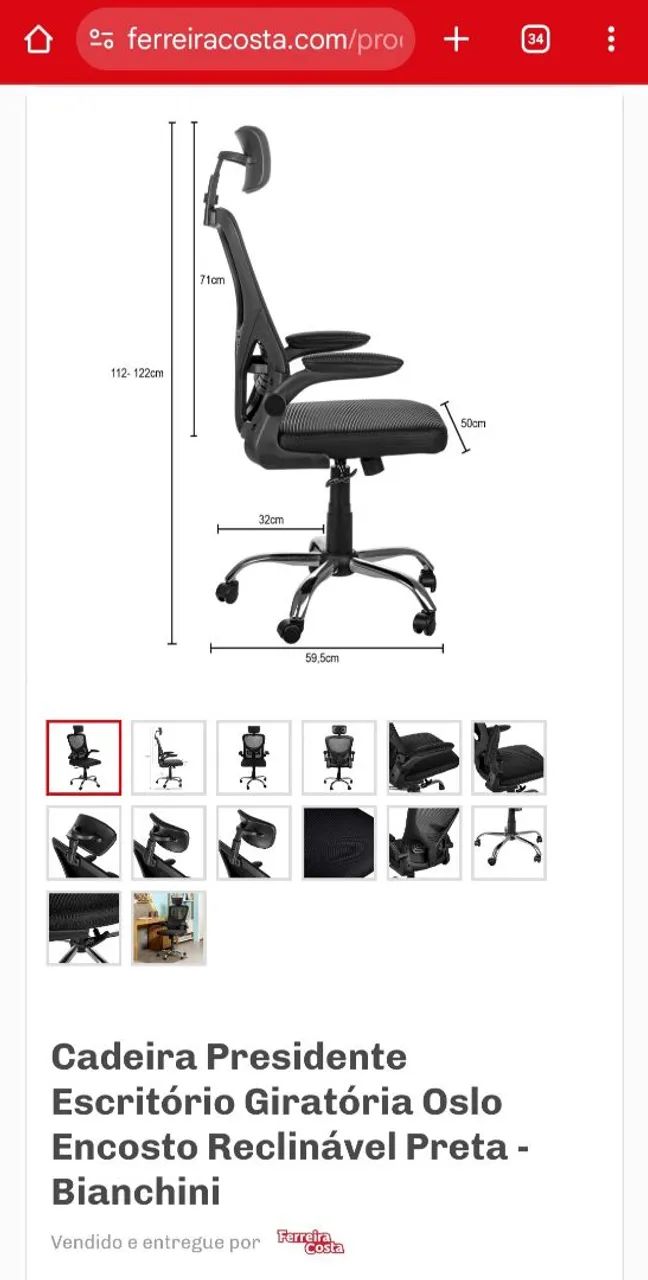 Excelente Cadeira Presidente Escritório Giratória Oslo Encosto Reclinável - Bianchini - Foto 6