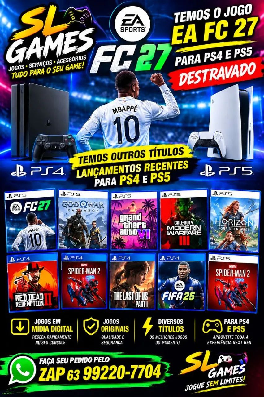 Temos jogos de Ps4 e Ps5 destravado.