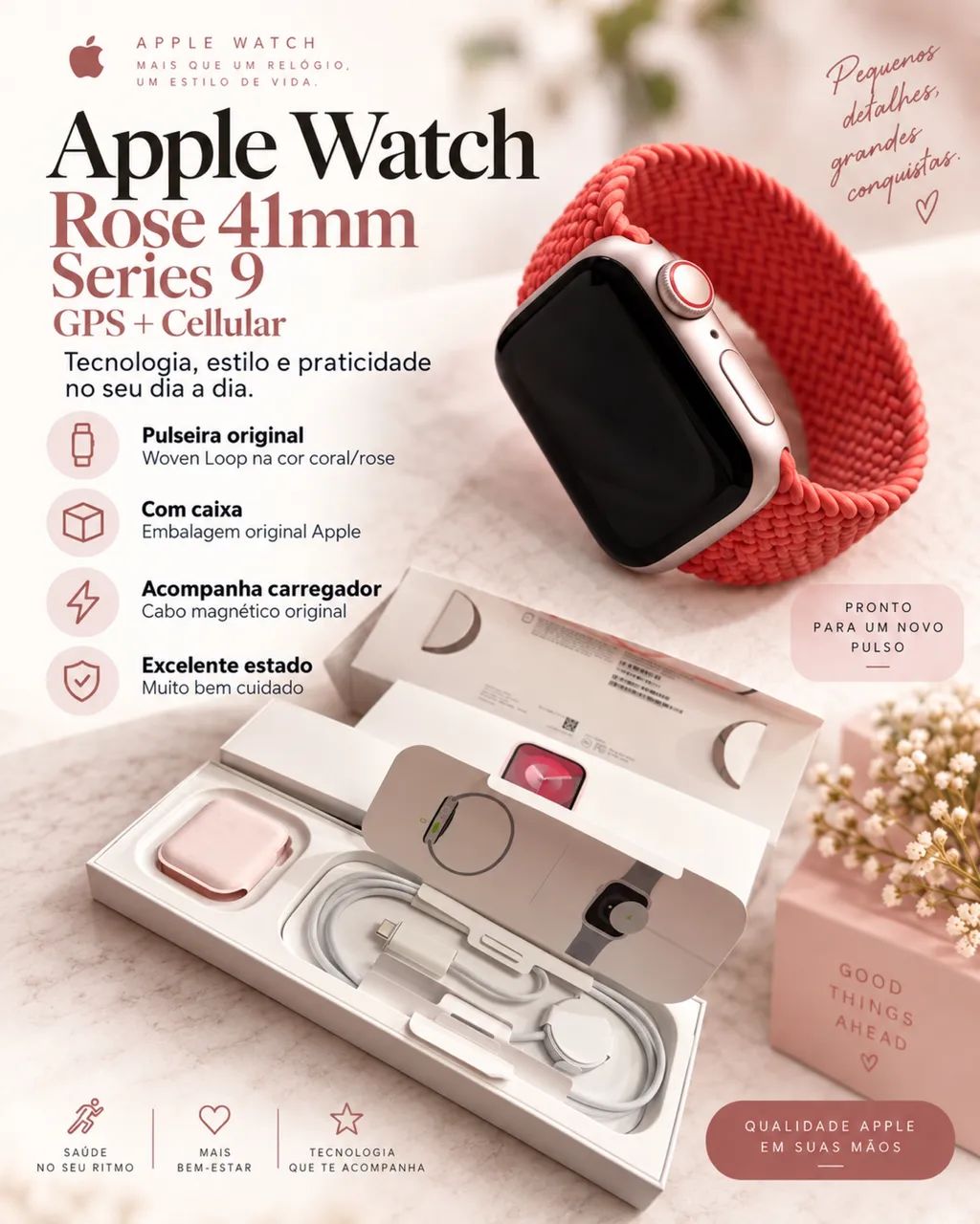 Apple Watch Series 9 41mm Rose GPS + Cellular com caixa - Excelente estado - Foto 5