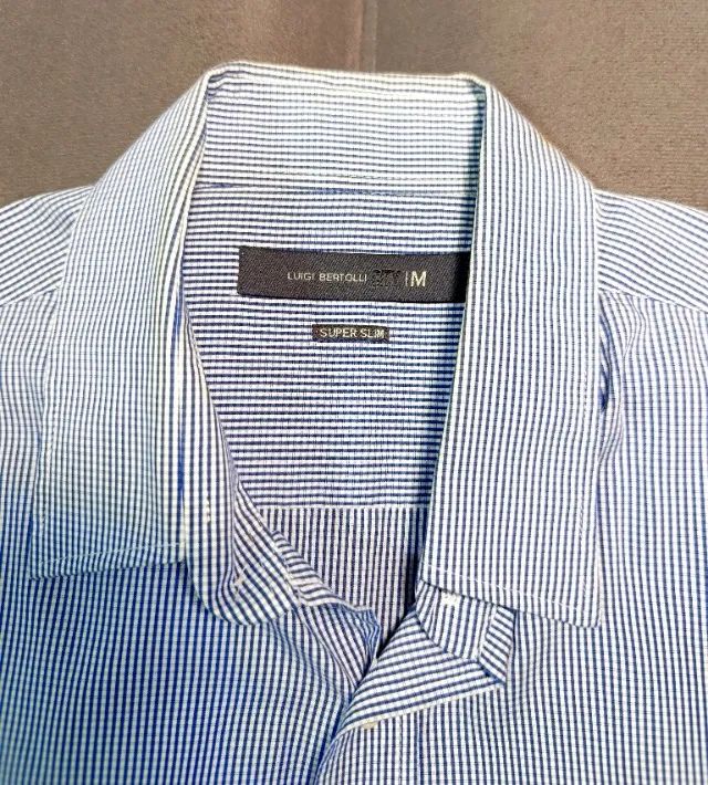 Camisa com linda padronagem cinza, branco e azul, 100% algodão da marca Luigi Bertolli - Foto 3