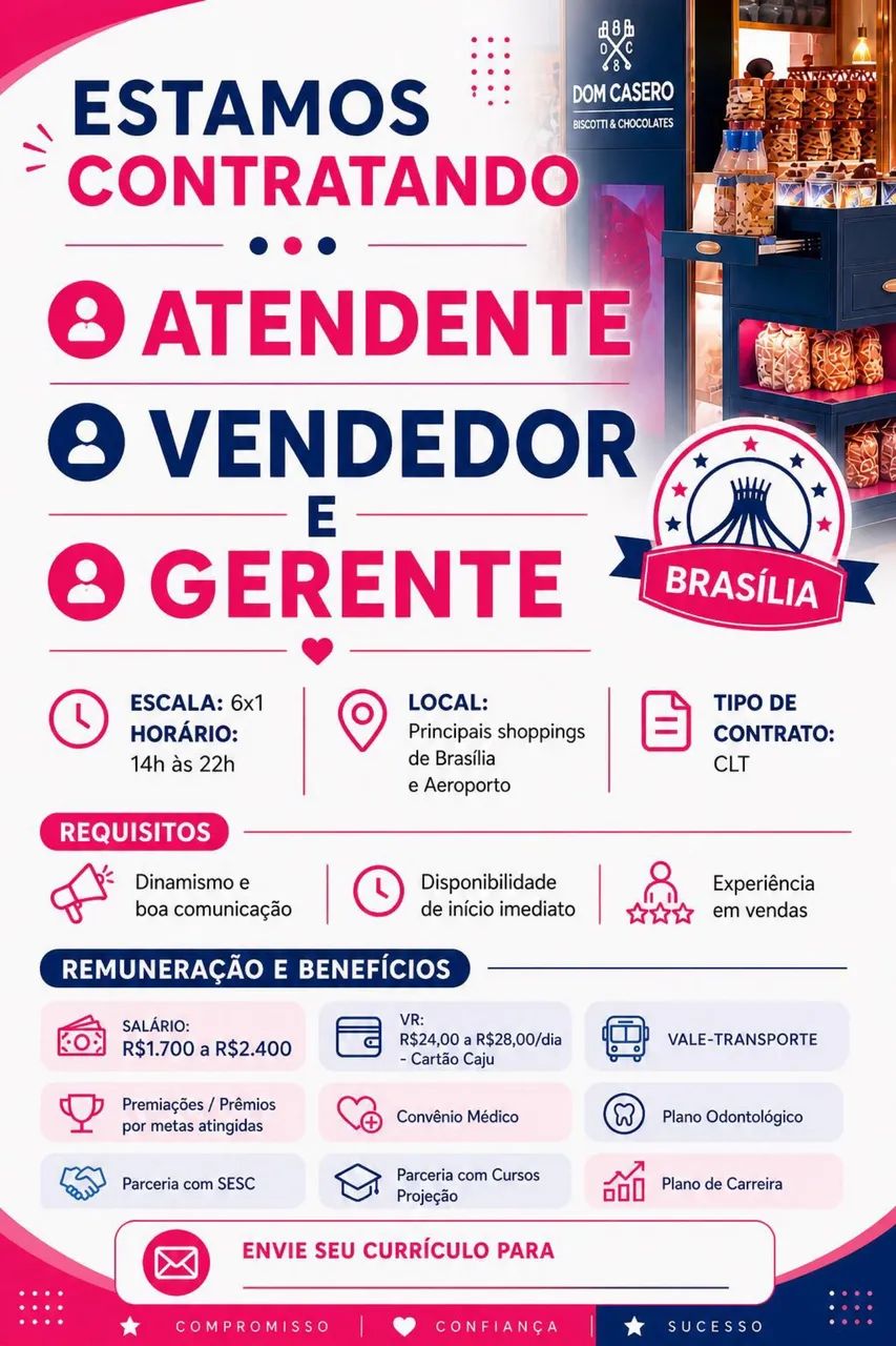 Vaga de emprego, vendedor , atendente, estágio e gerente