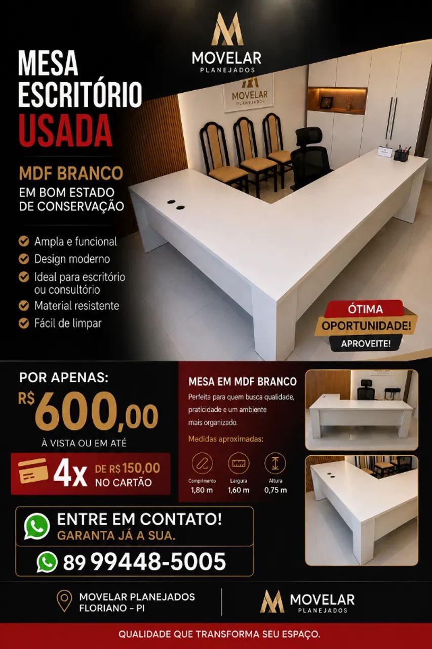 MESA DE ESCRITÓRIO USADA EM MDF BRANCO