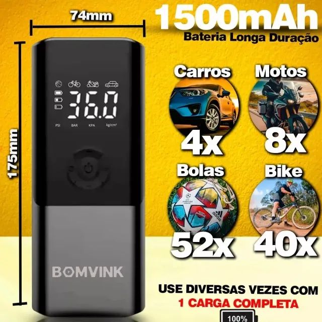 Bomba de Ar Compressor Digital Portátil BomVink BOM-8906 12V 120W Power Bank LED LCD pode  - Foto 2