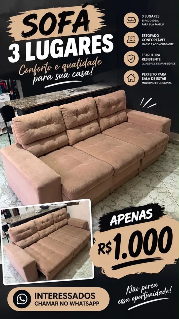 Sofá 3 lugares retrátil e reclinável 