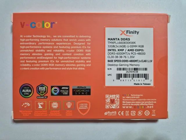 Kit DDR5 32GB 6000MHz CL30 V-Color Manta XFinity RGB - Black - SK