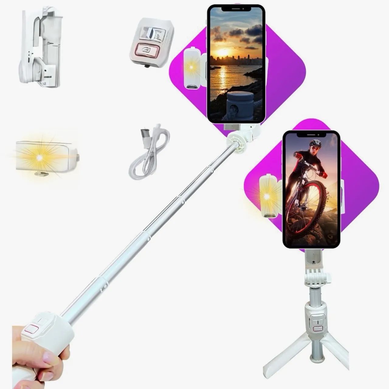 Gimbal  bastão self Estabilizador imagem 2 eixos  - Luz preenchimento - Foto 5