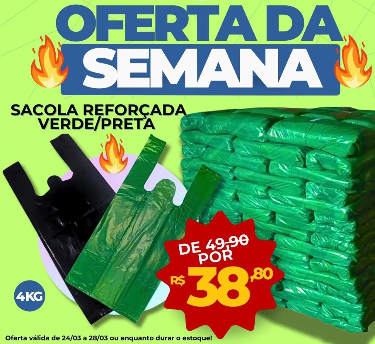 Sacolas plásticas reforçadas - Verde/Preta - 4kg - Oferta da Semana!