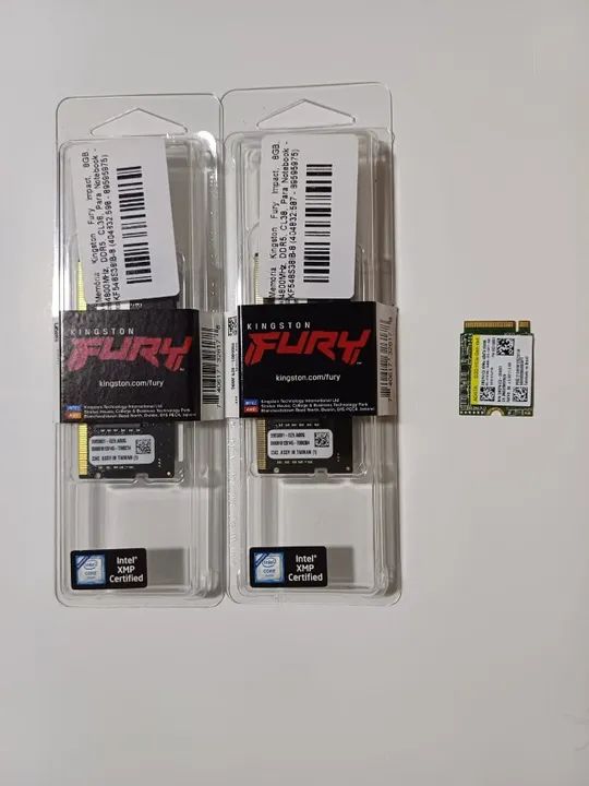Memória DDR5 16GB (2x8GB), 4800MHz, Kingston Fury e SSD 256gb NVMe.