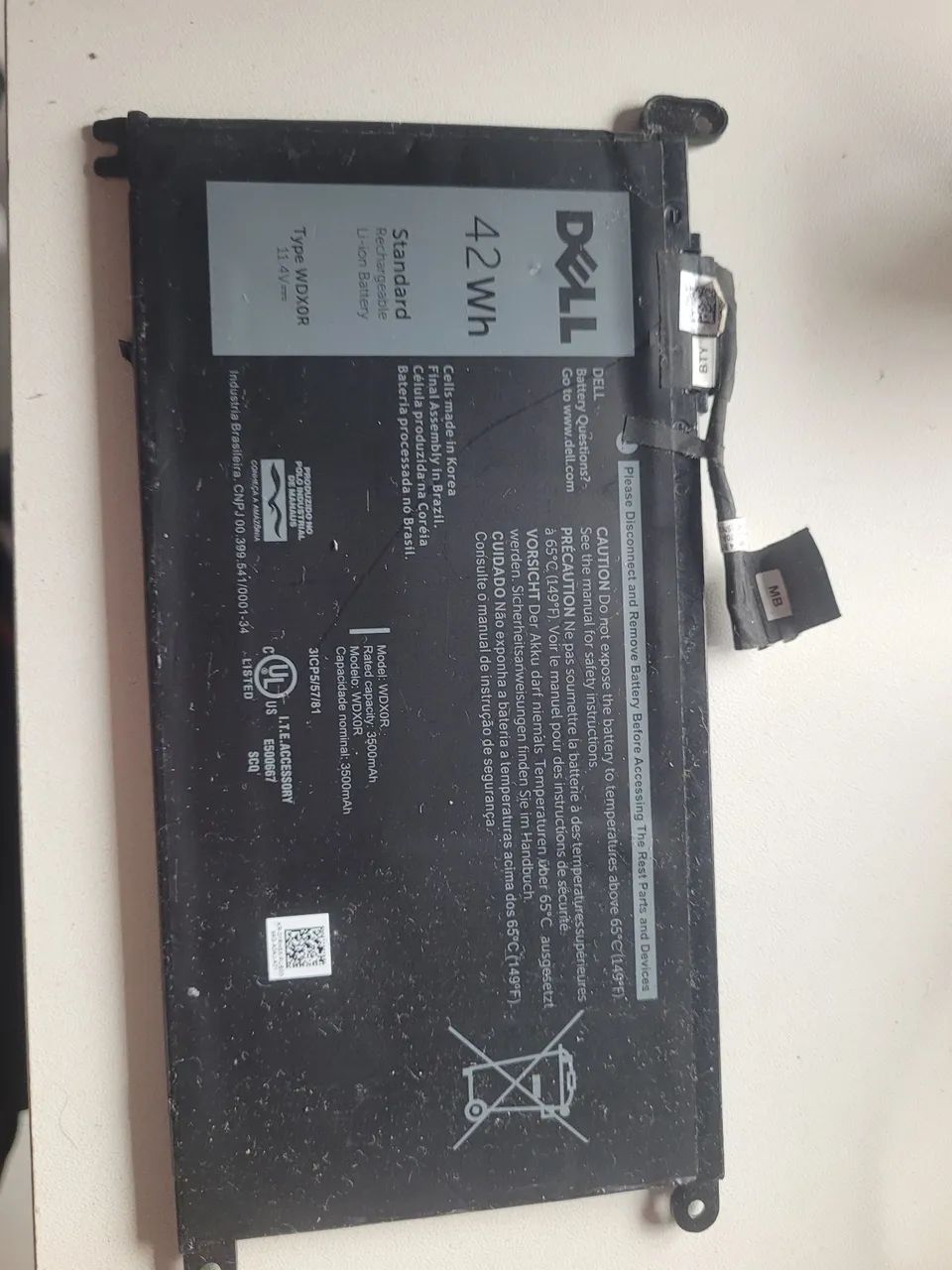 Bateria notebook WDX0R da Dell, com capacidade de 42Wh (11,4V, 3500mAh original com flat