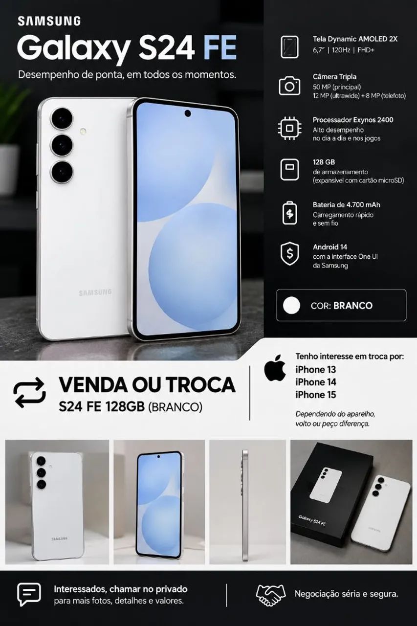 VENDO OU TROCO GALAXY S24 FE EM IPHONE 13, 14 OU 15.