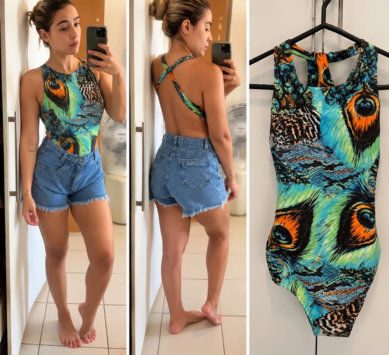 Body estampado, costas com decote cruzado