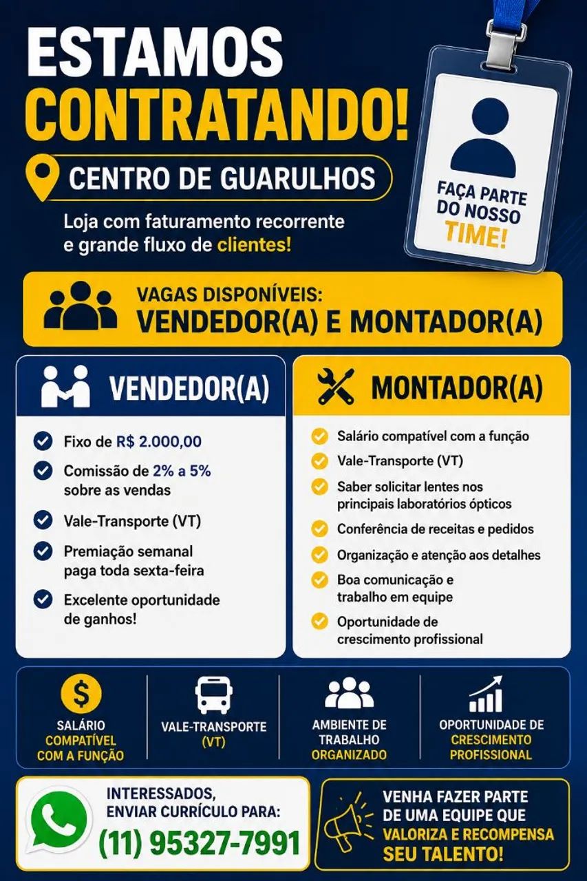 Vaga de vendedor e montador óptico 