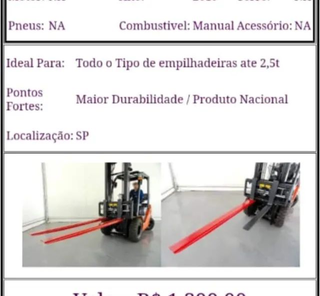 Alongador Prolongador 2 Metros Garfos Na FT Empilhadeiras 