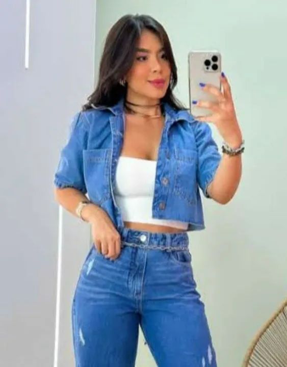 Jaqueta jeans cropped manga curta - Foto 2