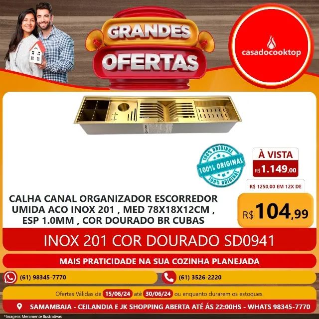 Calha canal umida organizador br cubas 78x18x12cm aco inox 201 1.0mm cor dourado sd0941