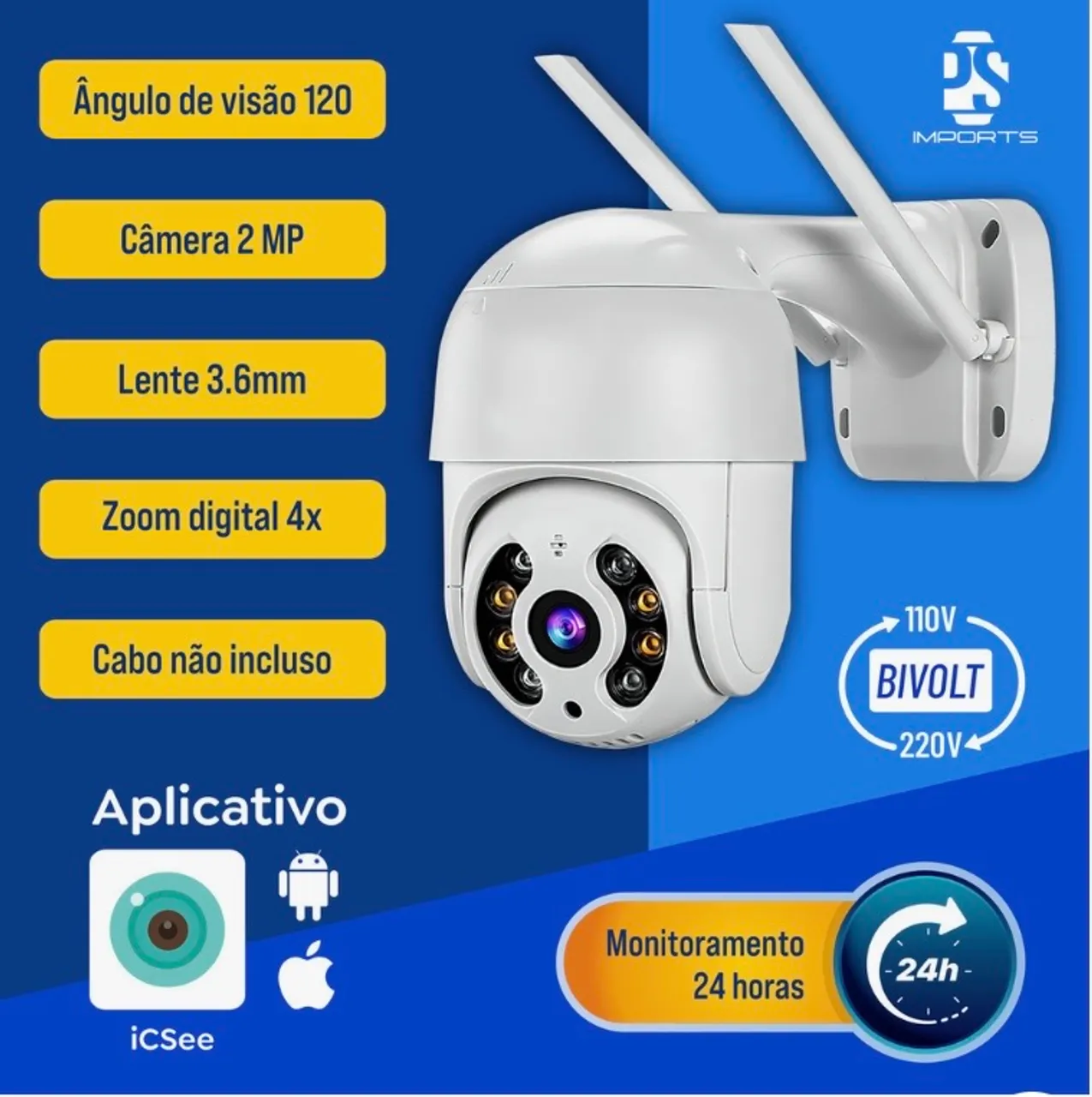 Câmera de Segurança Wifi 2MP Zoom Digital 4x Visão 120°