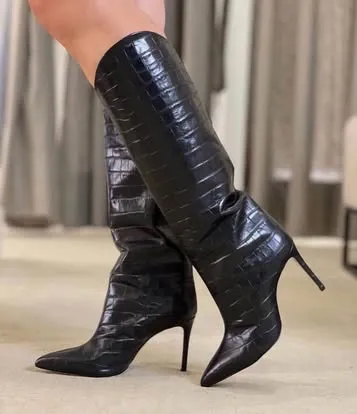 Feminina Cano Longo Couro Croco Salto Fino