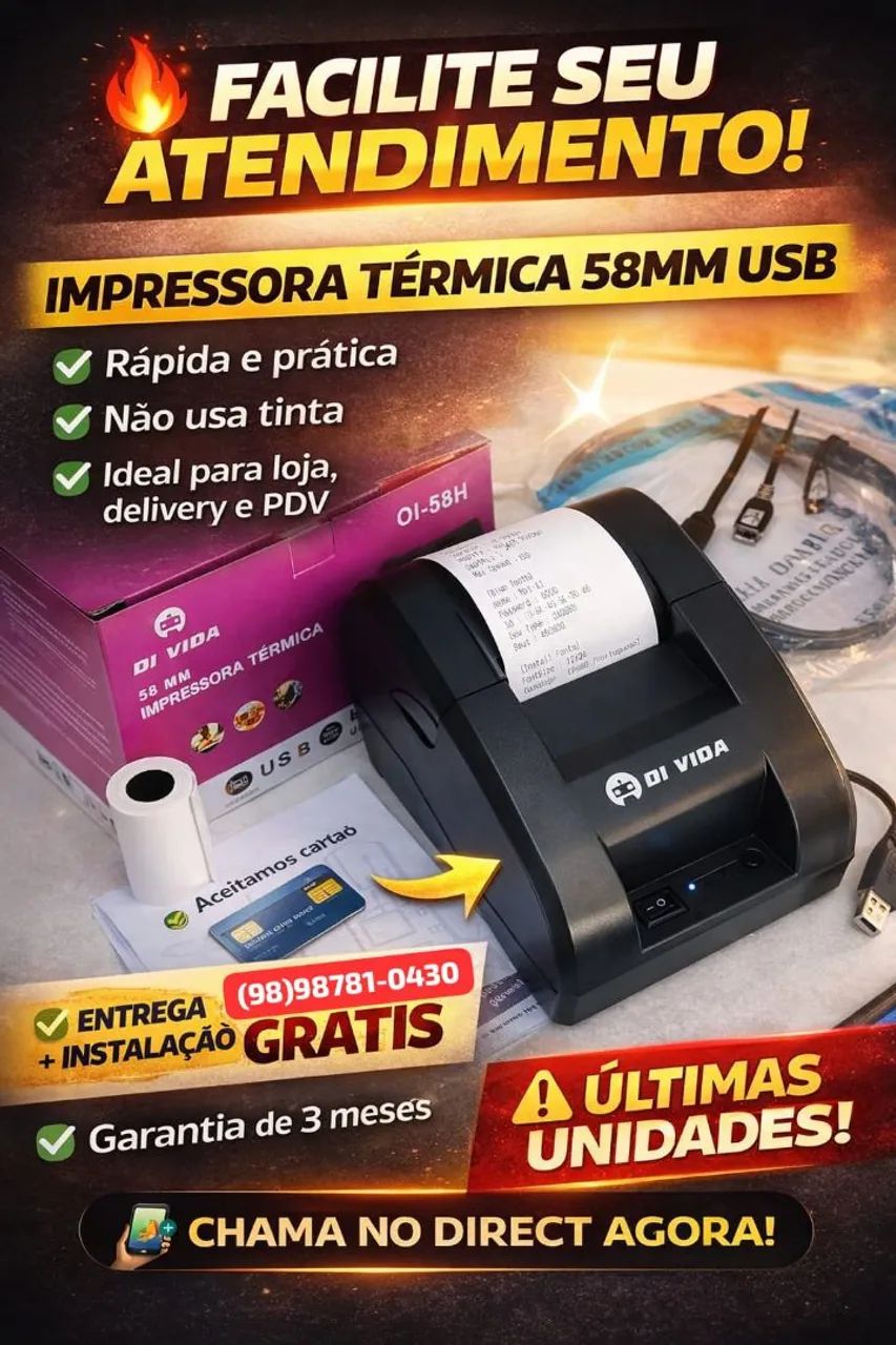 Impressora Térmica 58mm USB Cupom Delivery Pedidos e Comandas 