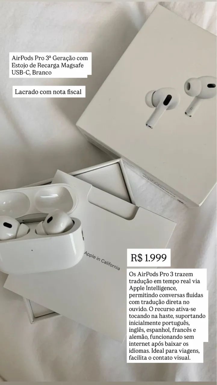 AirPods Pro 3ª Geração com Estojo de Recarga Magsafe USB-C, Branco