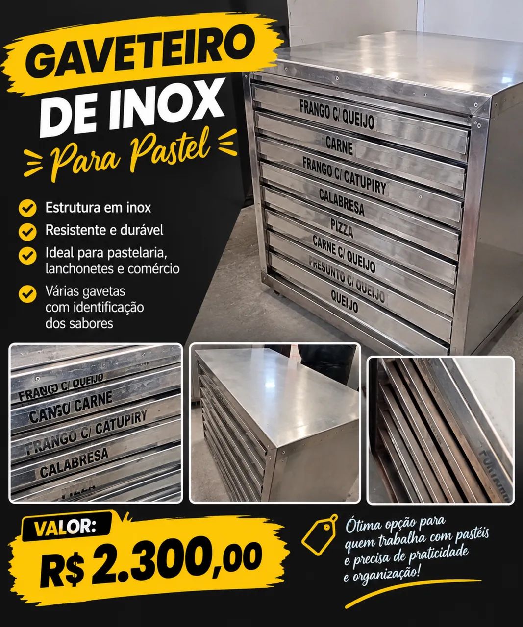 Gaveteiro de inox para pastel 