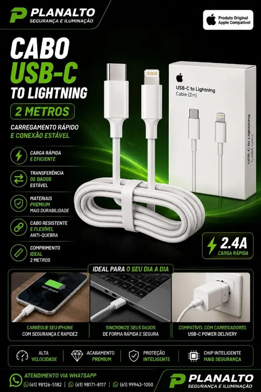 Cabo usb-C To lightning 2 metros (NOVO) 