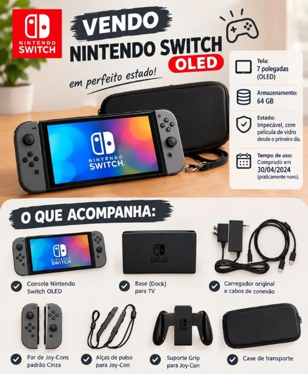 Nintendo Switch OLED 64GB com case, pouco usado