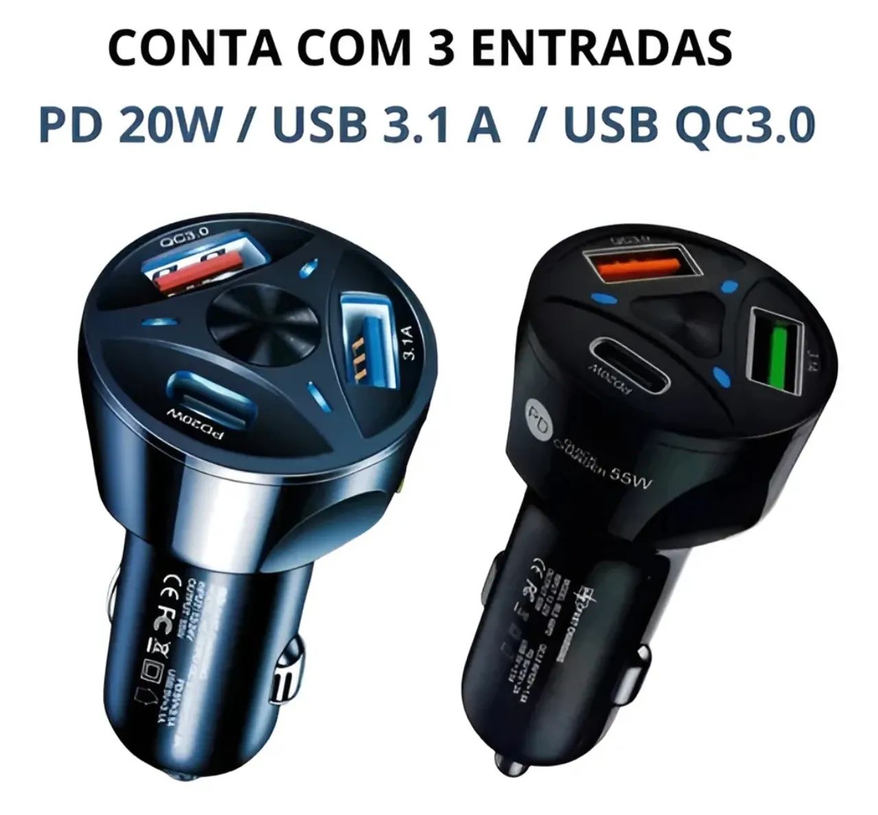 Carregador Turbo Veicular Celular Quick Charge 3.0 Usb-c 55w Preto - Foto 2
