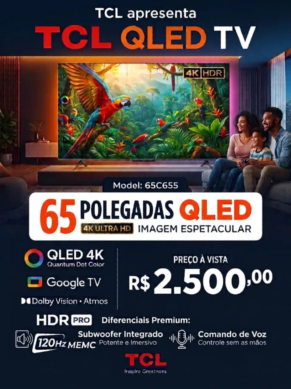 TV TCL QLED 65 Polegadas 4K - Com Subwoofer Integrado