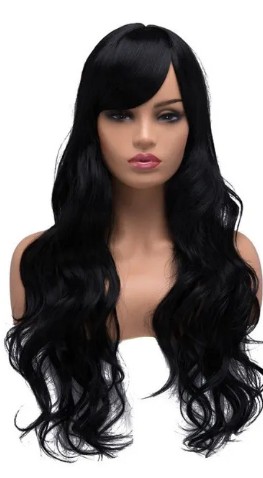 Peruca 60cm Ondulada Preta Com Franja + Wig Cap Brinde