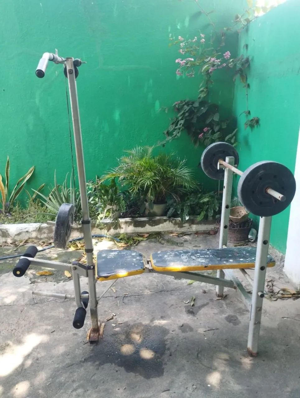 Banco de musculação com barra e anilhas