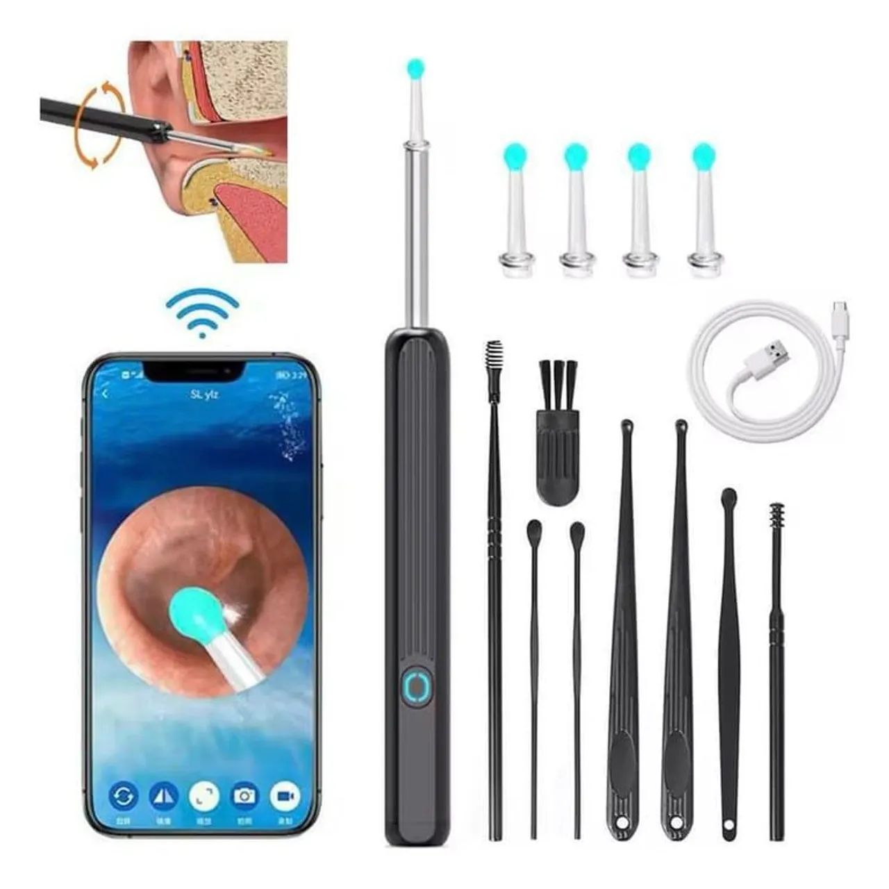 Kit completo removedor de cera com câmera cabo tipo c recarregável 