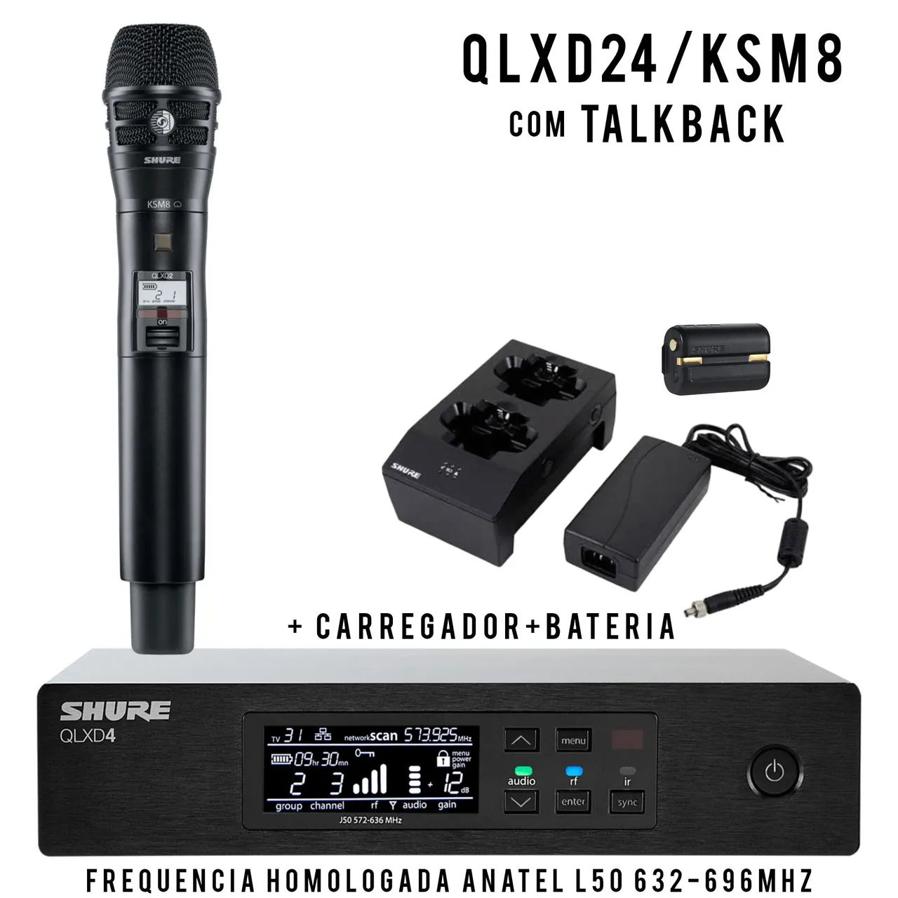 Microfone Original Shure Profissional QLXD24/KSM8 com TALKBACK 