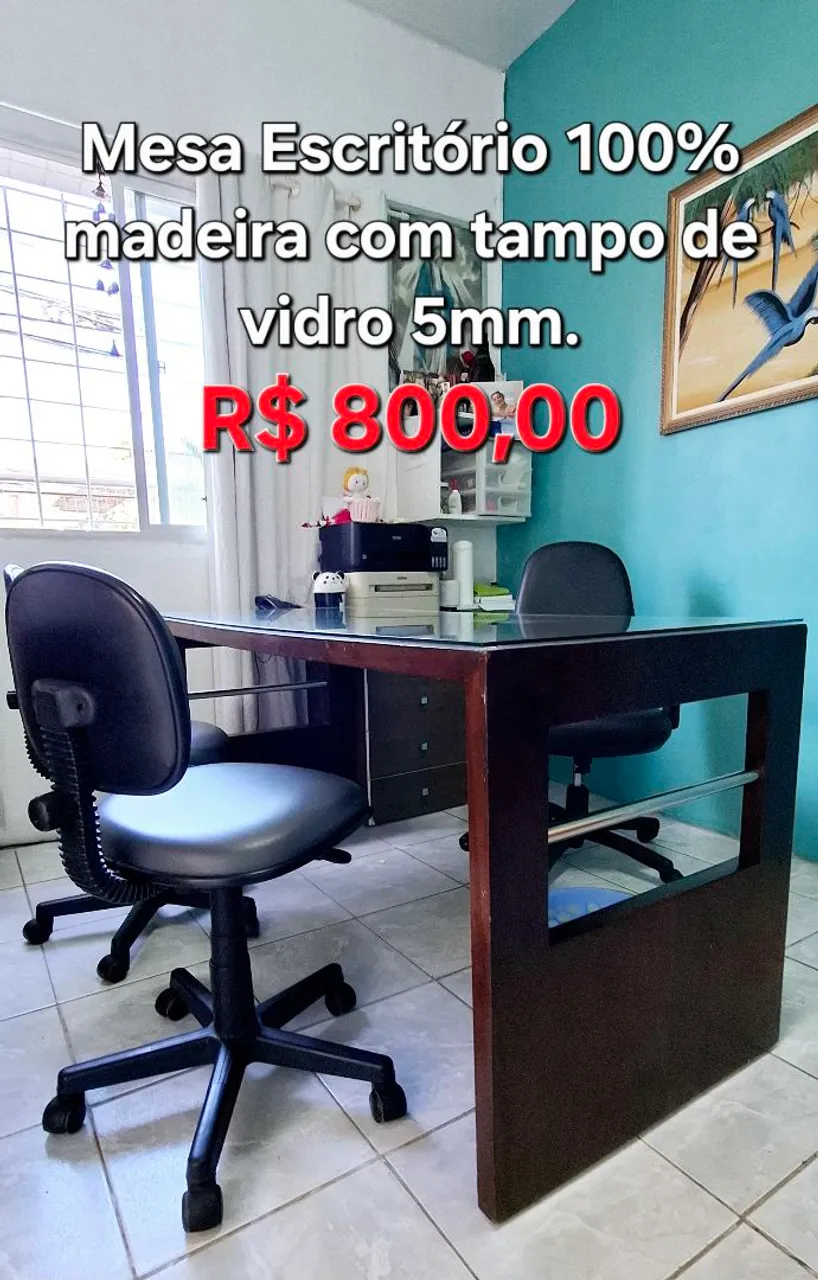 Mesa de Escritório 100% Madeira com Tampo de Vidro 5mm