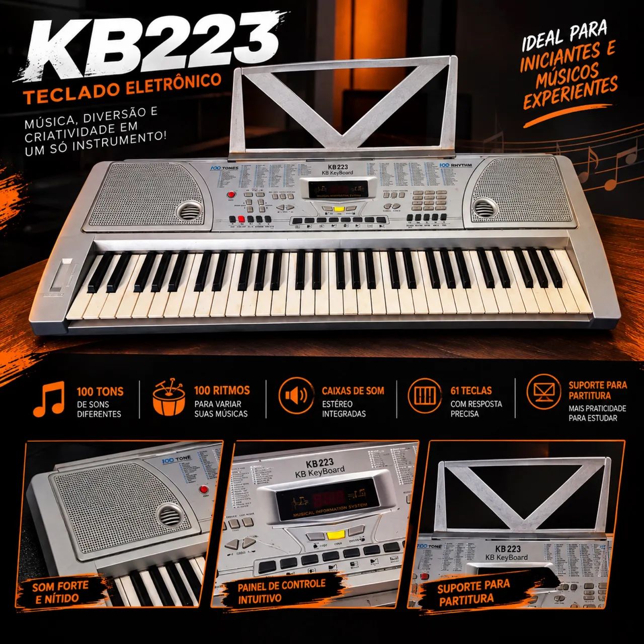 Teclado Eletrônico KB223 61 Teclas - 100 Tons e 100 Ritmos