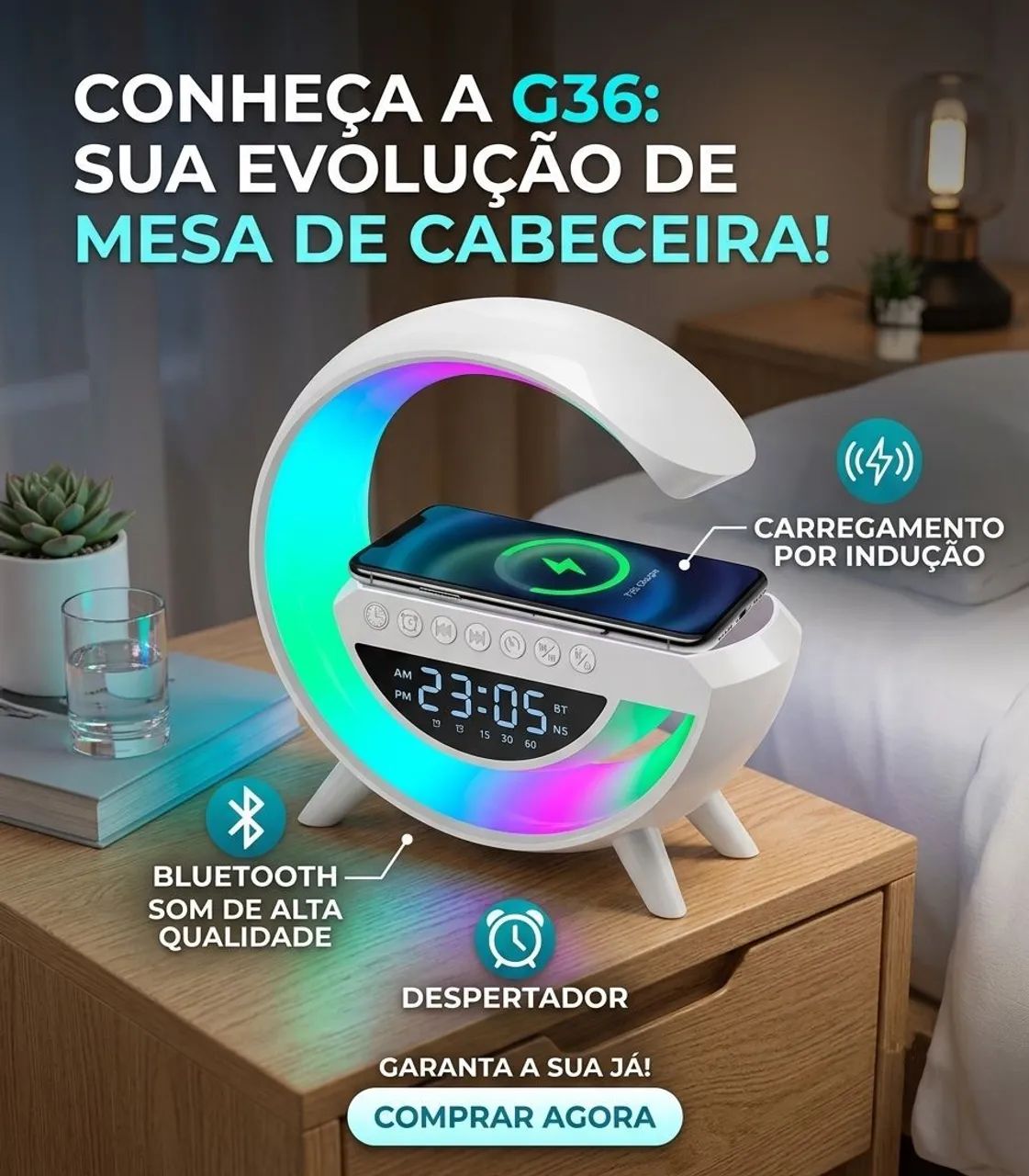 Caixa de som com Luminária Bluetooth Carregador Despertador - Foto 2