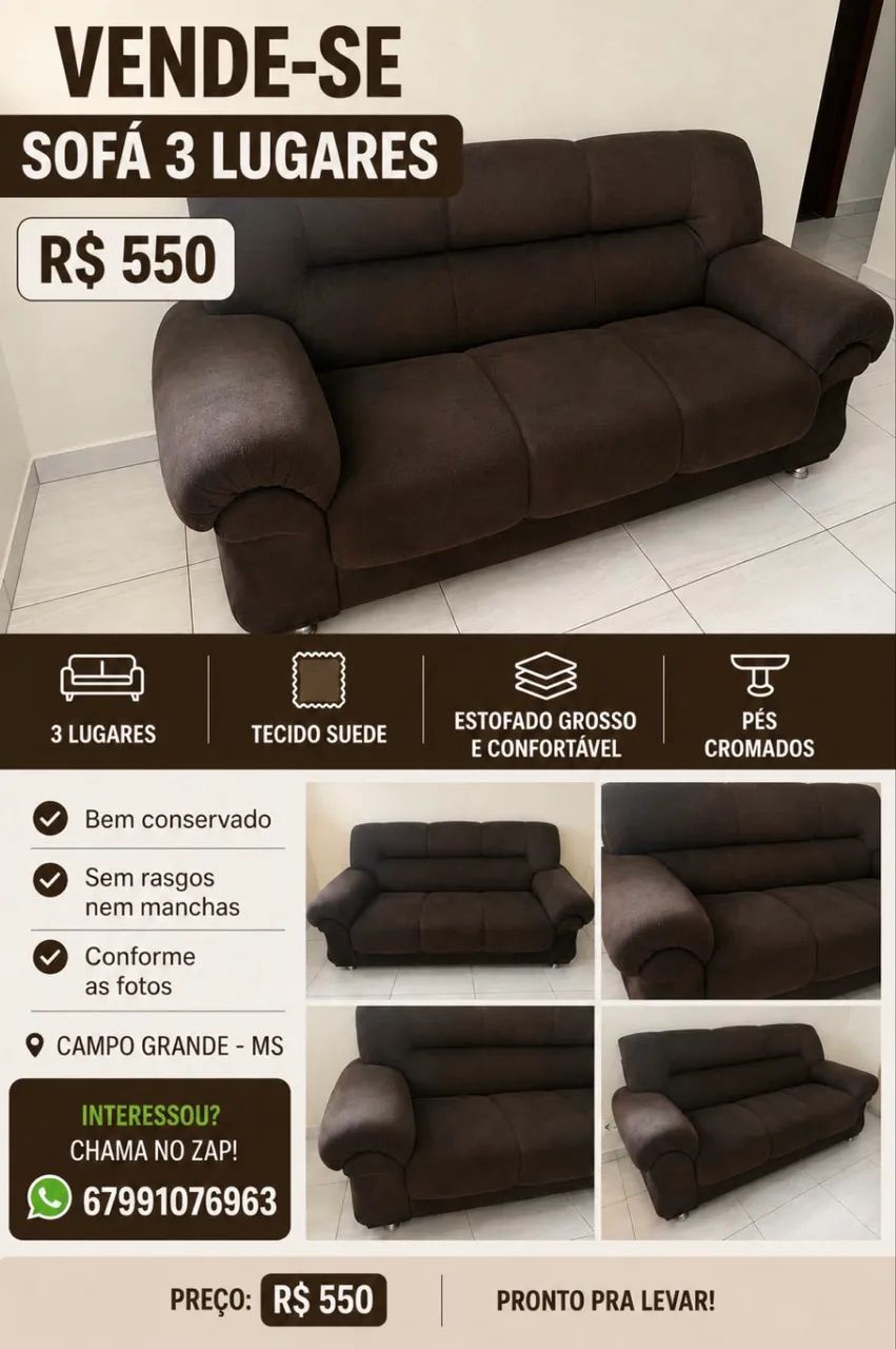 Sofá 3 Lugares Marrom em Suede - R$ 475