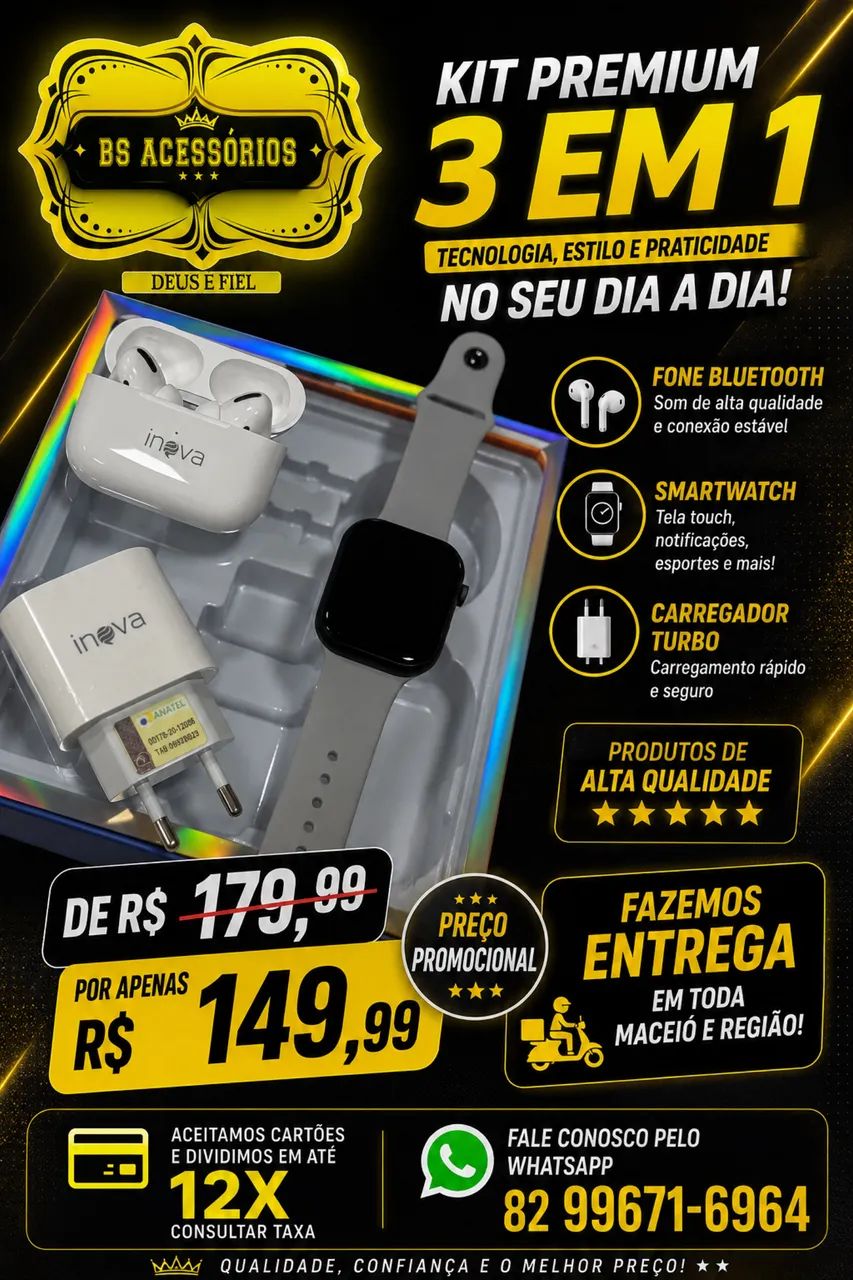 Kit smartwatch + fone e carregador 