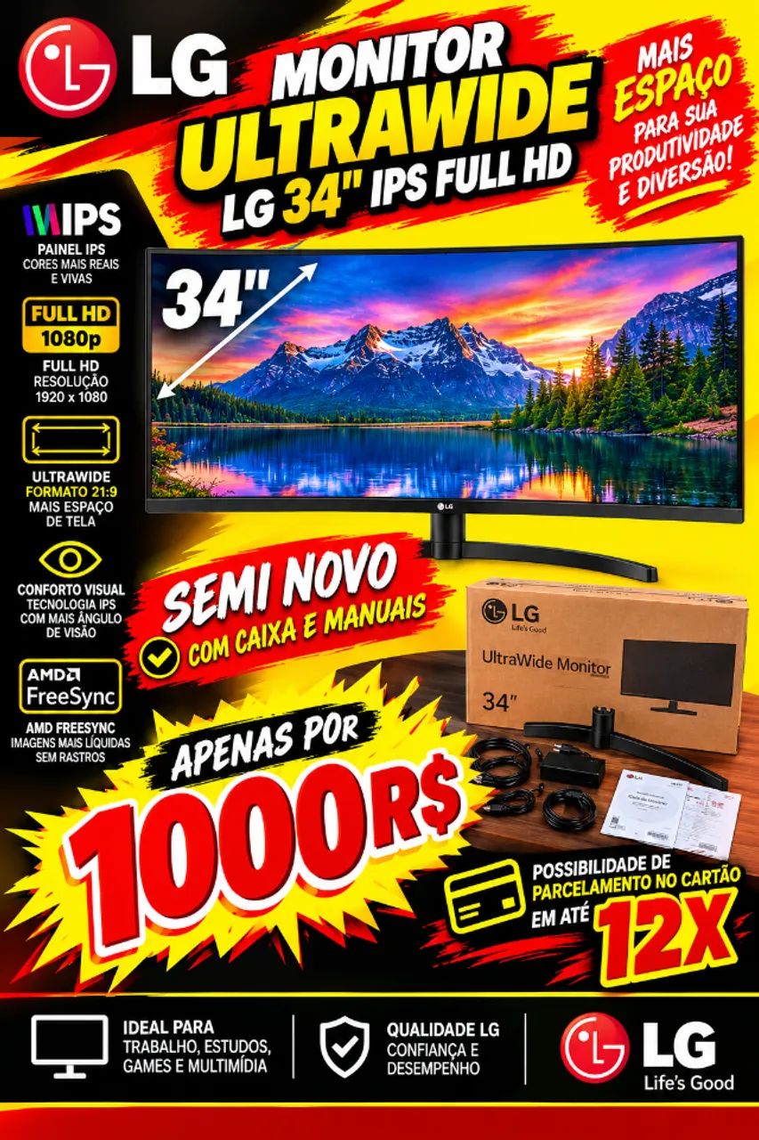 MONITOR LG ULTRAWIDE 34 POLEGADAS  *POSSIBILIDADE DE PARCELAMENTO NO CARTAO*