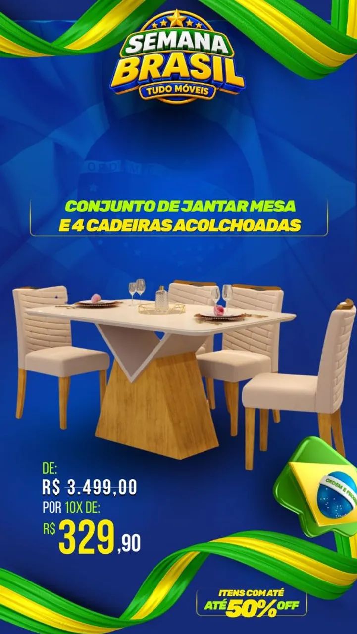 Conjunto de jantar 4 poltronas 100%MDF tampo com vidro 