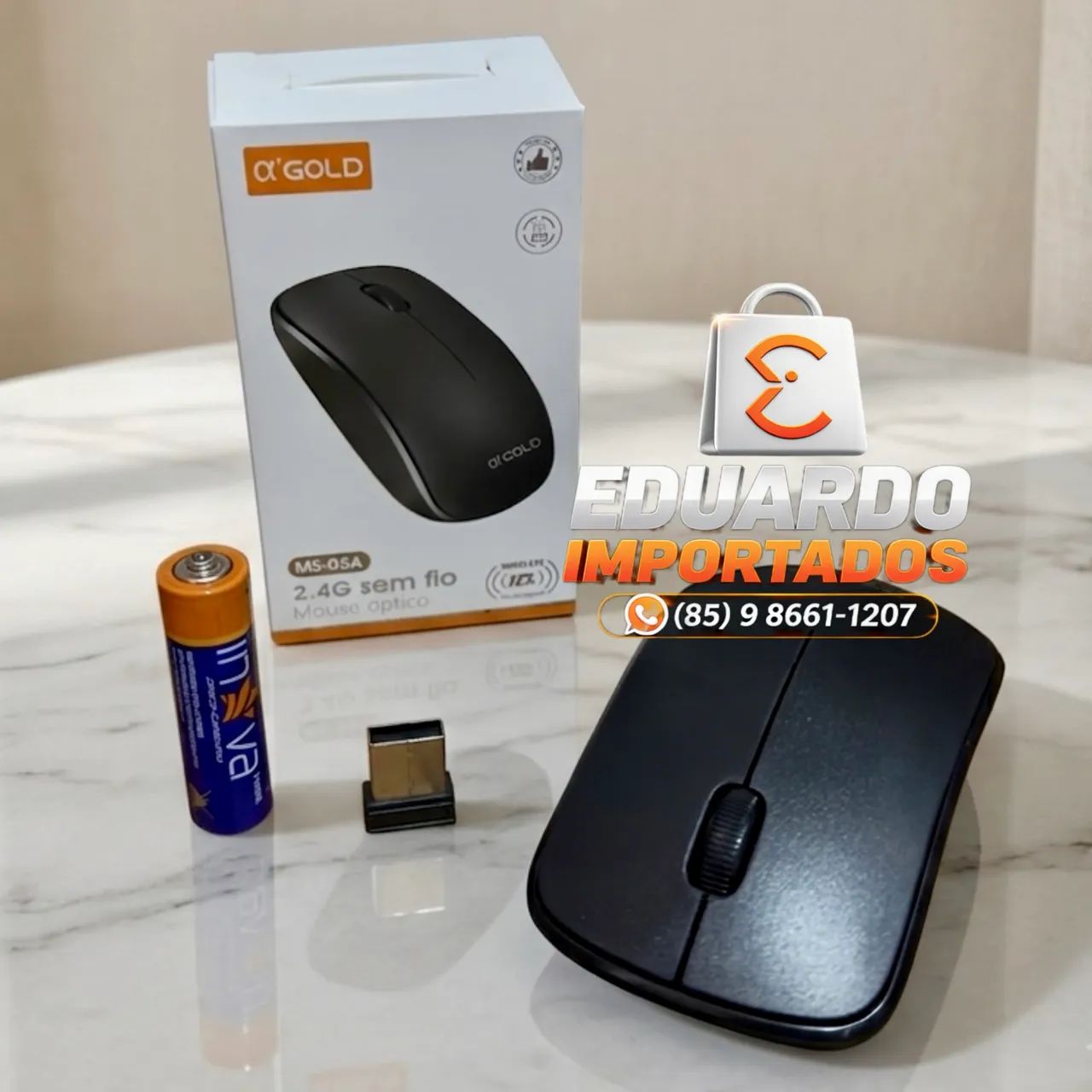 Mouse Óptico sem fio Wireless USB 2.4G 1200dpi + pilha 